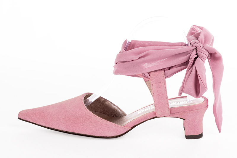 Carnation pink women's open back shoes, with an ankle scarf. Pointed toe. Low kitten heels. Profile view - Florence KOOIJMAN